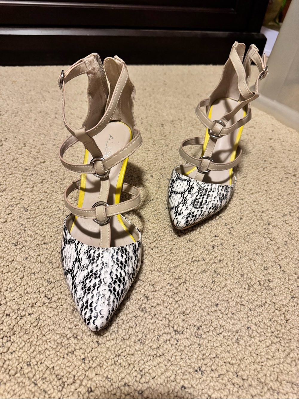 Aldo Beige Strappy Heels with Black-and-White Snakeskin Toe